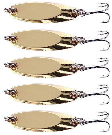 Hard Fishing Lures Metal Fishing Spoons Spinners with Storage Box - 5 Pieces * 10g Spinnerbait with Treble Hooks for Salmon Trout Bass (Gold)