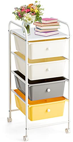 GIANTEX Rollwagen mit 4 stapelbaren Schubladen, Schubladenwagen Badrollwagen Küchenwagen mit Rollen, Aufbewahrungswagen Haushaltswagen für Küche Bad Büro 32x37x76 cm (Gelb+Grau)