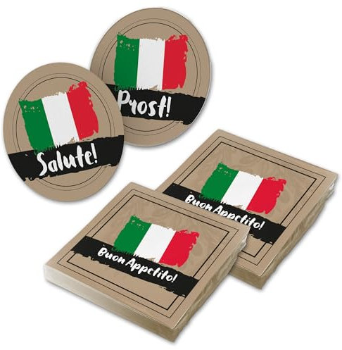 itenga 40x Servietten mit 40x Bierdeckel Italienisch Buon Apetito - passend als italienische Tischdeko -