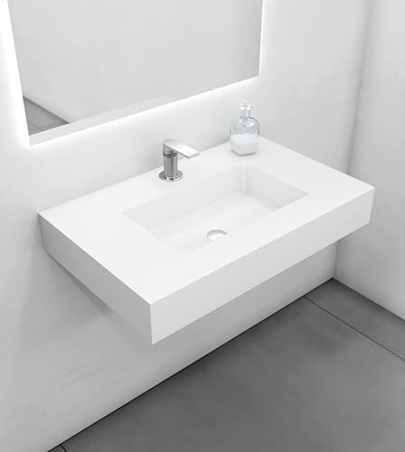 Lavabo da appoggio in resina bianca 80x50x12 cm – Piano per il bagno con foro per rubinetto – Lavabo sospeso in resina