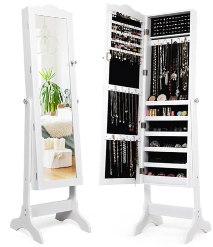 HOMASIS Armoire à bijoux avec miroir sur toute la longueur, armoire à bijoux verrouillable, boîte de rangement, angle réglable à 4 niveaux, armoire à bijoux pour maquillage, 45 x 37 x 160 cm, blanc