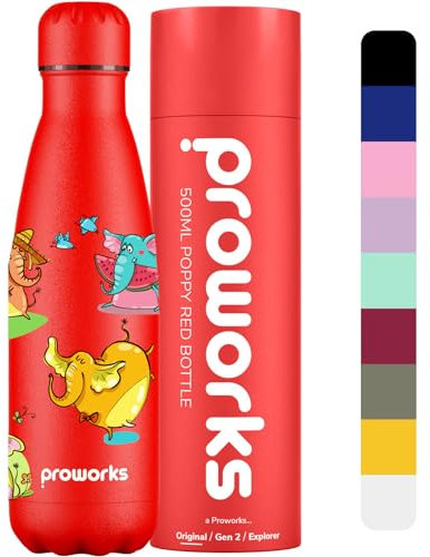 PROWORKS Bouteille d'eau Isotherme, sans BPA, Gourde INOX Reutilisable pour Maintien Chaud de 12 Heures & du Froid Jusqu’à 24 Heures, Sport Gym, Voyage 500ml - Rouge Coquelicot - Ele-Fun