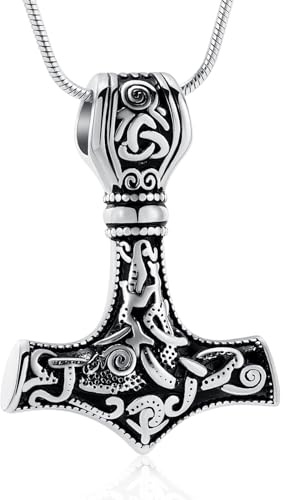 Mjolnir Thors Hammer Cremation Jewelry for Ashes Pendant - Thors Hammer Urn Necklace with Mini Keepsake Urn Memorial Ash Jewelry For Men/Women