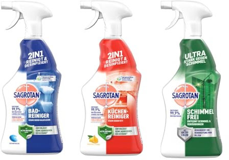 Sagrotan Reiniger Set - 750ml Bad-Reiniger Ozeanfrische, 750ml Küchen-Allzweckreiniger Spritzige Zitrone & 750ml Schimmel frei…