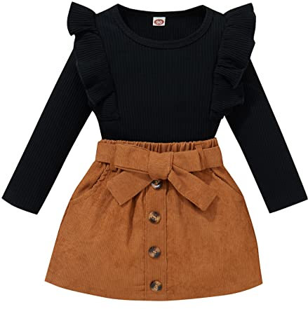 Mashaouyo Baby Mädchen Kleidung Outfit mit Kleine Fliegende Ärmel Langärmeliges Oberteil + Bowknot Einfarbige Rock, Herbstkleidung Set Herbst Winter Neugeborene Kleinkinder Strick Outfit Modische