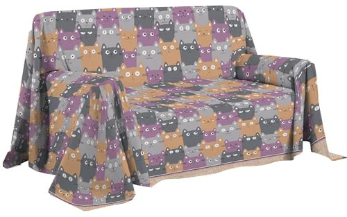 PENSIERI DELICATI Sofaüberwurf 180 x 290 cm, hergestellt in Italien, Überwurf aus 100% Reiner Baumwolle, Motiv Happycat, Orange, ideal als Überwurf oder Tagesdecke für den Sommer (Einzelbett)