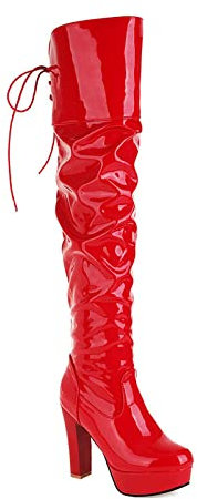 FamMe Stivali alti alla coscia con plateau da donna Stivali alti alla coscia con tacco grosso Punta tonda Stivali autunnali lunghi in vernice Scarpe eleganti con lacci,Rosso,36