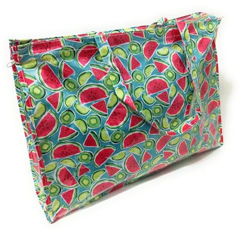 BRANDELIA Bolso grande Playa Plástico Reciclado Multiuso Piscina Picnic Compras Bolso de verano familiar Impermeable con Cremallera y Bolsillo interior, Frutas
