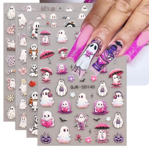 JMEOWIO 3D Nagelsticker HalloweenNail Art Sticker Selbstklebend Nagelaufkleber 5D Stereoskopisch Süßer Geist Dekoration Nageldesign Zubehör 4 Blatt