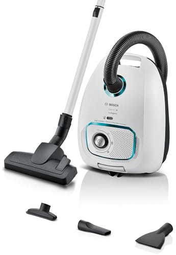 Bosch Staubsauger mit Beutel Serie 4 ProHygienic BGD41HYG, ideal für Allergiker, Hygiene-Filter, 10 Jahre Motorgarantie, integriertes Zubehör, Matratzendüse, langes Kabel, Made in Germany, 600 W, weiß
