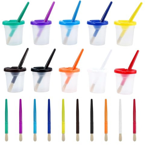KUAOOAUK 20 Pcs Kids Paint Cups, included 10 Pieces Spill Proof Paint Pots with Lids and 10 Pieces Paint Brushes, Assorted Colored Plastic Paint Sets for Supplies Art School (10 Colors)