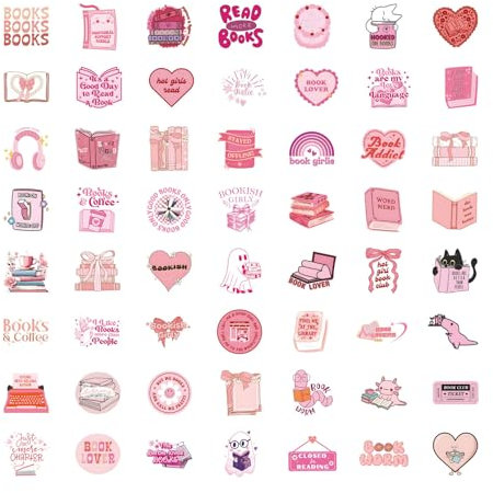 60 Stück Aesthetic Rosa Süß Kindle Sticker, Bookish Wasserfeste Kawaii Deko, Aufkleber Accessories für Booktok Lesen Zubehör Laptops Sammelalben Wasserflaschen Koffer