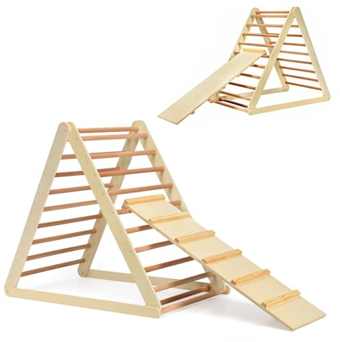 HOMFME 2 in 1 Kids Climbing Frame, Children Wooden Montessori Climber Triangle Set with Reversible Ramp, Indoor Toddler Climbing Toys Ladder for Boys Girls (Natural)