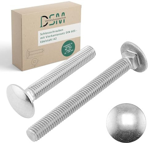 DSM - Lot de 10 boulons de carrosserie M10 x 70 mm Conforme à la norme DIN 603 - En acier inoxydable A2/V2A - Filetage complet - Vis à tête bombée avec collet carré - Vis de portail