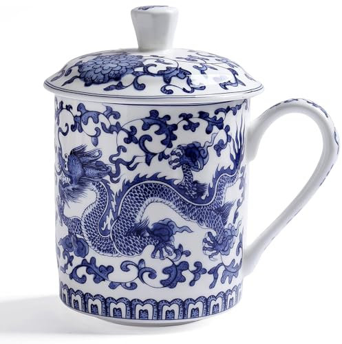 Tazas de té chinas, taza de té de cerámica de 500 ml, taza de té azul y blanca con tapa y mango de porcelana Taza de té china para hojas sueltas Cocina de vacaciones en el hogar.