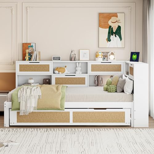 FAYICIC Holz Schlafsofa 90x200cm mit Ausziehbett Multifunktionales Einzelbett Kinderbett mit vielen Staufächern und Ladeanschluss Weiß
