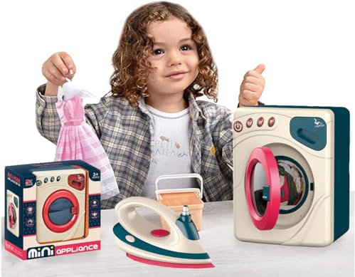 Sobebear Mini Play Roller Washing Machine & Iron Toy Set Household Appliance with Realistic Accessories, Ironing & Laundry with Sounds & Lights, Safe Playset for Boys & Girls Age 3+ Year