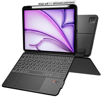 Doohoeek Tastatur Hülle mit Display für iPad Air 11 2025 M3/2024 M2, iPad Air 4./5. Gen 10,9 Zoll, Bluetooth Kabellose Trennbare Tastatur mit Trackpad, 7 Farbige Beleuchtung, QWERTZ, Schwarz