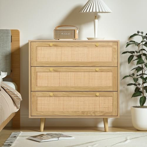 Skokliz Kommode mit 3 Schubladen, Kommodenschrank Sideboard Schubladenschrank, Beistellschrank viel Stauraum in Rattan für Schlafzimmer Wohnzimmer Flur Möbel, 80x40x92cm