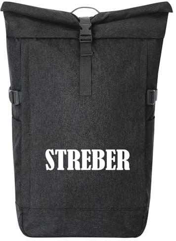 Huuraa Kurierrucksack Streber Schriftzug 30-44 Liter Black Melange Fairtrade Rolltop Rucksack Geschenkidee