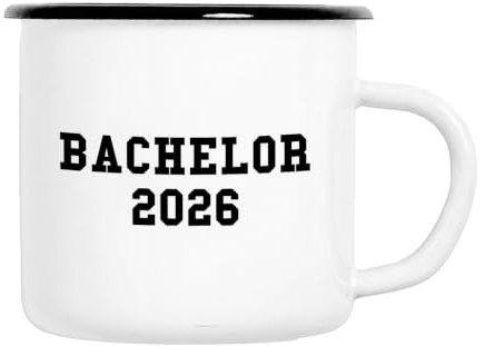 Huuraa Emaille Tasse Bachelor 2026 Abschluss, Weiß, 300 ml | Trinkbecher mit schwarzem Rand und Motivdruck als Geschenk für frischgebackene Absolventen.
