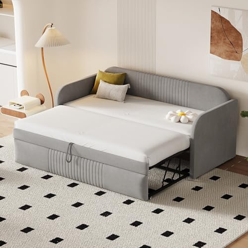 EINHOM Tagesbett Ausziehbares Schlafsofa 90/180x190 cm, Polsterbett mit Vertikalen Streifen, Daybett mit Lattenrost, Multifunktionsbett, Komfortabler und Atmungsaktiver Leinenstoff, Hellgrau