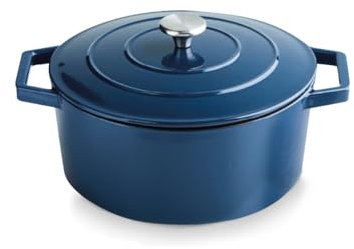 QDESIGN Cocotte ronde en Fonte sans PFOA - tous feux dont induction - Compatible four, lave-vaiselle et frigo - Bleu, Ø 25cm (4,2L)