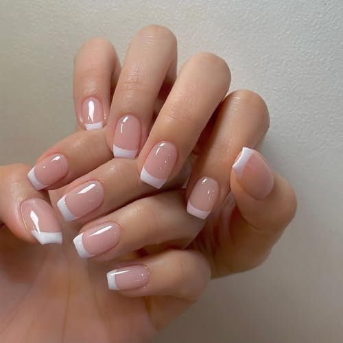 24pcs Short Square French Tip Press-On Nails, Glossy White Edge & Pink Squoval Designs, Full-Cover False Nails with Adhesive Tabs, Classic Trendy Stick-On Art