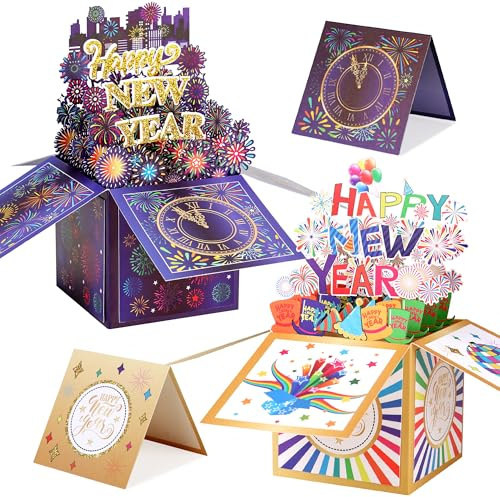Giiffu 2 Pack Happy New Year Pop Up Card, Handmade 3D New Year Gift Cards for friends and family, with Message Note & Envelope