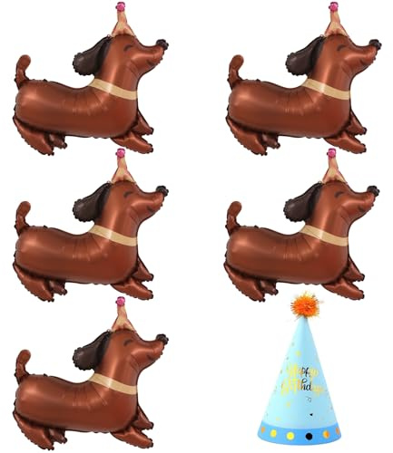 6-teiliges Dackel-Partyset mit 5 3D-Folienballons und 1 Partyhut | Aluminiumfolie; ca. 64 × 63 cm je Ballon; für Hundeparty, Kindergeburtstag und Tier-Themenfeier