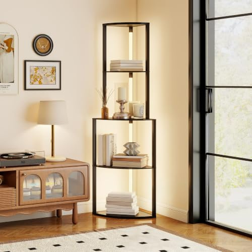 HOMCOM Lampadaire sur Pied Salon avec Étagères d'Angle 4 Niveaux LED Noir | Lampe Moderne, Luminosité Réglable, Interrupteur à Pied, pour Salon Chambre Bureau