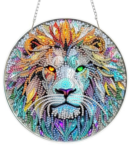 AIRDEA Lion en vitrail Diamond Painting Pendentif Acrylique Double Face Adulte, 5D DIY Lion Peinture Diamant Pendentif Attrape Soleil Adulte, Diamant Painting Ornement Suspendu 8x8 inch
