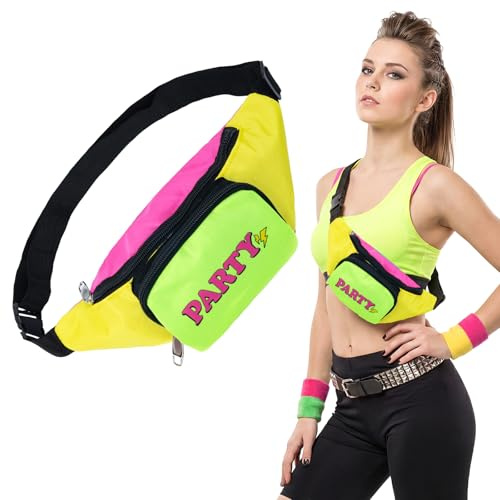 Kitimi Bauchtasche 80er Jahre Outfit Damen,Bunte Neon Doppeltaschen Bauchtasche Festival Mit Verstellbaren Schultergurten MetallreißVerschluss,Unisex GüRteltasche FüR Party Karneval Outdoor