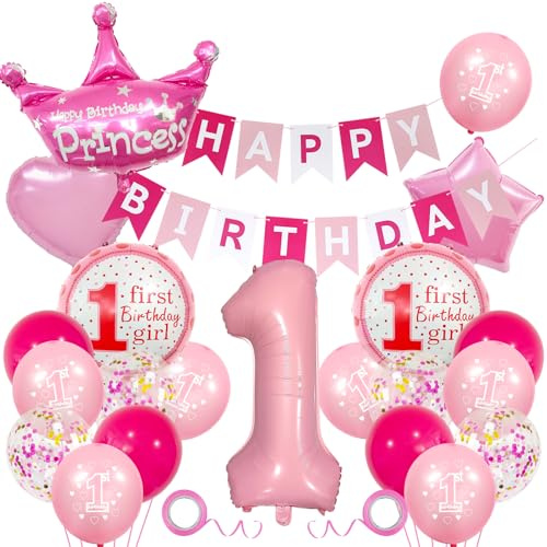 Deko 1. Geburtstag Partydeko für Mädchen–Rosa Happy-Birthday-Banner mit großer Folien-Zahl 1 und Kronen-Folienballons, Stern- und Herzballons – Partyzubehör für den 1. Geburtstag