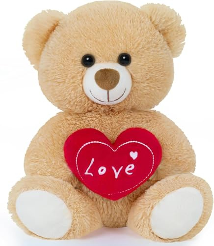 Yeqivo Kleines Teddybär Kuscheltier Süßes Weiches Plüschtier Love mit Rotem Herz, Kinder Mädchen Freundin Geschenk, Weihnachten Valentinstag Geburtstag Babyparty (Love Khaki,1 Pcs)