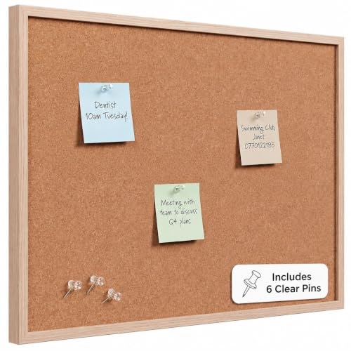 Cork Board 44CM x 33CM Pin Board Notice Office Memo School with Clear Push Pins Oak Coloured Wooden Frame Board