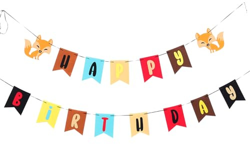 minkissy Geburtstagsbanner aus Vliesstoff Langlebige Wimpelkette mit Fuchs Motiv Bunte Party Dekoration für Kindergeburtstag und Fotohintergrund