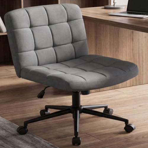 Clevich Bürostuhl Ohne Armlehne, breiter Schneidersitz Schreibtischstuhl, ergonomischer höhenverstellbar, moderner Drehstuhl mit Wippfunktion für Home Office und Schlafzimme (Leinen, Gris)