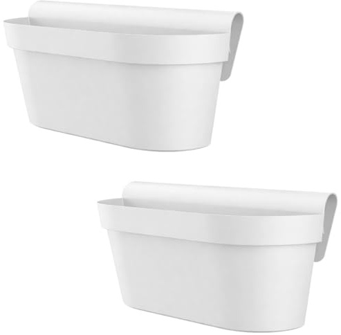 Engelland - 2 x Balkonkasten für Geländer & Zaun, Weiß, Blumentopf mit Wasserspeicher, Blumenkasten zum EIN-Hängen, Balkontopf, Pflanzkasten, 49 x 20,5 x 23 cm, Außenbereich, Kunststoff