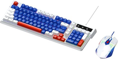 Tosuny Wired Gaming Keyboard and Mouse Combo, RGB Backlit & Silent, 98 Keys Compact Keyboard with Multimedia Shortcut, 3600 DPI Optical Mouse with 6 Buttons, for PC Laptop (White Blue)