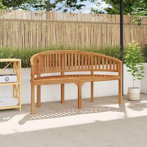 Boltkex Bananbänk 151 cm massivt trä teak väderbeständig trädgårdsbänk med ryggstöd, 3-sitsig sittbänk för utomhus veranda, terrass med bekväm sittplats och hållbar yta