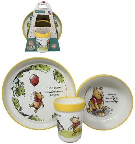 Set Pappa Winnie the Pooh Disney 3 Pezzi Antiscivolo Piatto Piano Piatto Fondo e Bicchiere per Bambini Utilizzabile in Microonde Svezzamento e Prima Infanzia