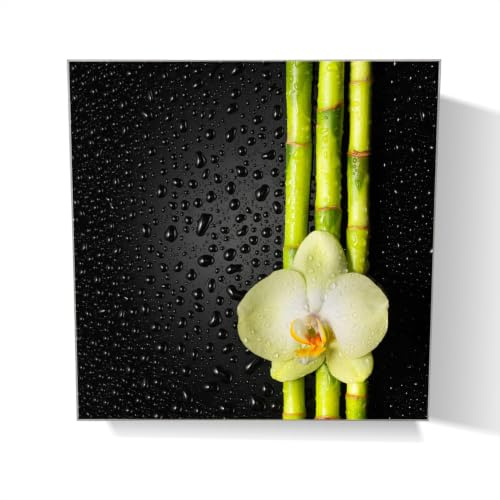 Wallario Schlüsselkasten aus Glas 30 x 30 cm, Wand Schlüsselhalter mit Haken, Motiv: Grüne Orchidee mit Bambus auf schwarz - Regentropfen