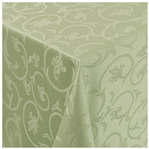 Tischdecke Damast Stoff Barock Tulpen Tischtuch Bügelarm eckig 130x170 cm in Lind-Grün mit umgenähtem Rand Premium Qualität