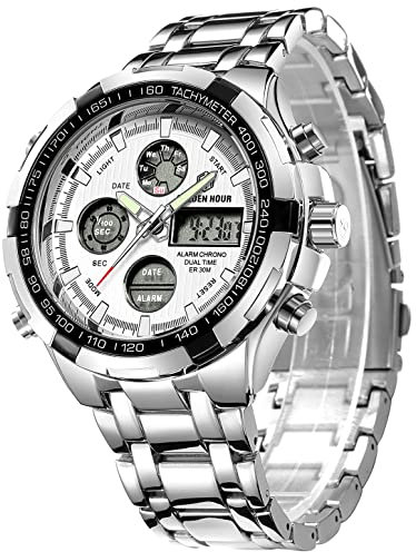 GOLDEN HOUR Luxus Edelstahl Analoge Digitaluhren für Männer Männlich Outdoor Sport Wasserdicht Große Schwere Armbanduhr (Silber Weiß)