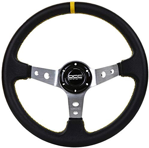 Occ Motor Sport Offset Lenkrad Auto Track Modell Leder Silberarme - 90 Mm Vollstichrad - 350 Mm (14 Zoll) Schwarz - Gelb