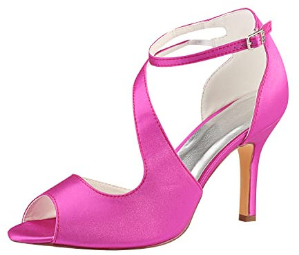 Emily Bridal Scarpe da Sposa Sandali Peep Sandalo da Donna con Tacco Alto alla Caviglia Scarpe da Sposa in Raso a Spillo (EU38, Fucsia)