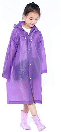 Kids Waterproof Rain Coat, Clear EVA Rain Poncho with Hood for Girls Boys, Toddler Rainwear Rain Jacket Cape, Reusable Children Raincoat for Outdoor Climbing Cycling Hiking Camping (Purple)