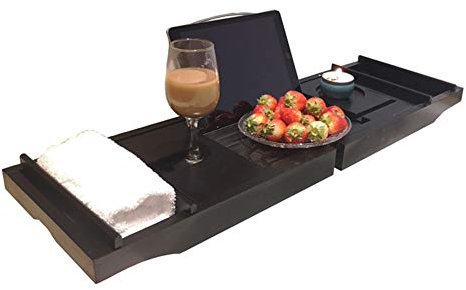 BCGT Ablage für Kochbuch Ausziehbare Bambus Badewanne Tray Canddy Badewanne Tablett aus Holz Badezimmer Abstellraum Spa Badewanne Tray Brücke Regal Organizer Leseständer (Color : Black)