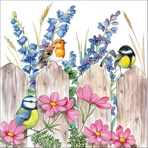 20 Servietten Vögel und Blumen am Zaun | Tiere | Frühling | Sommer 33x33cm